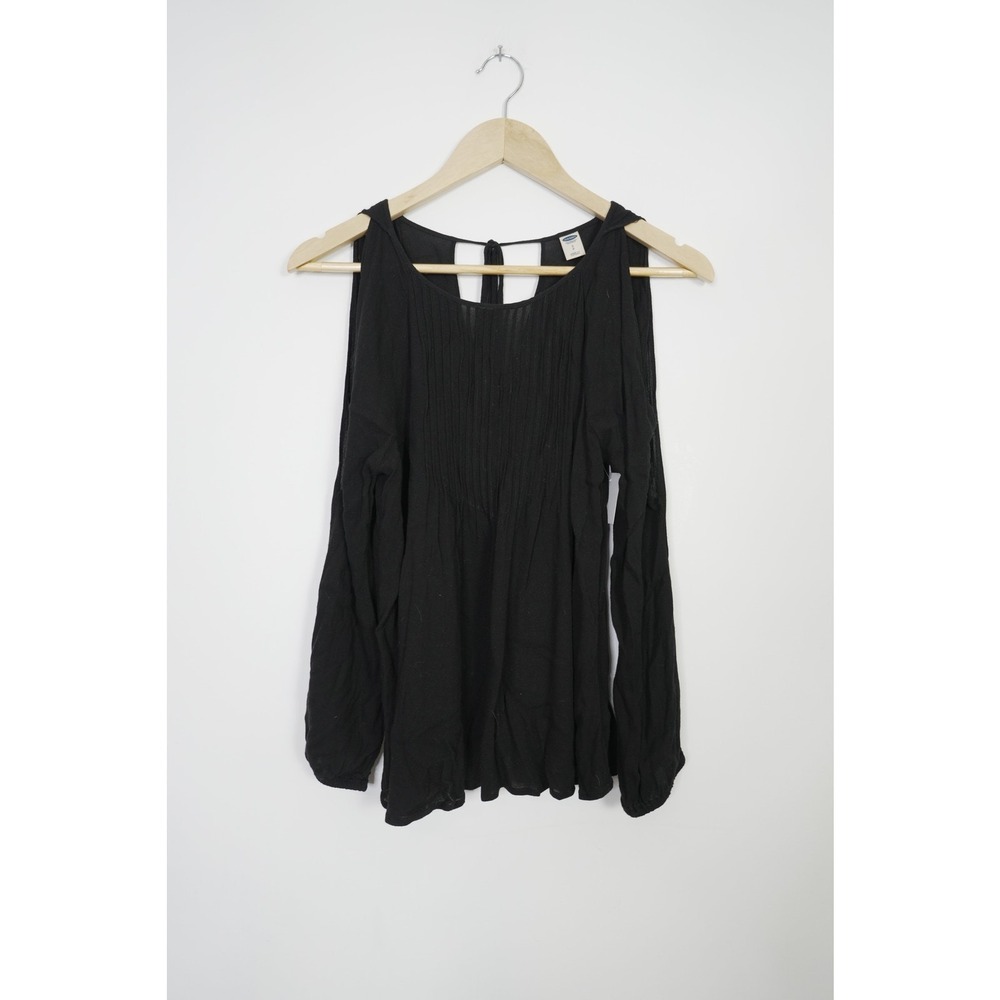 Old Navy Cold Shoulder Top Women Small Black Pintuck Long Sleeve‎ Keyhole Back
